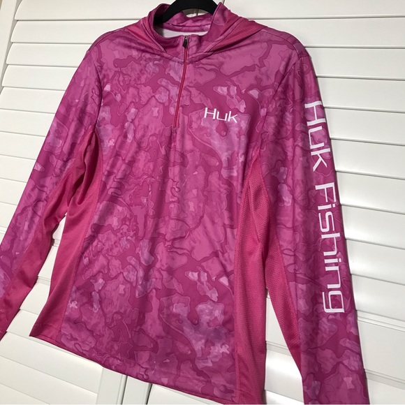 HUK Women's Icon X Hoodie UPF 50+ Long-Sleeve Fishing Shirt Size Large Pink Camo - Picture 3 of 8